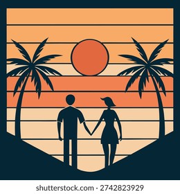 Vintage style vector illustration of man and woman walking on beach at dusk with orange striped sky background