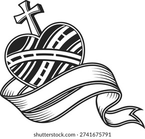 Vintage style vector illustration of a patterned heart with a religious cross and a blank flowing ribbon banner.