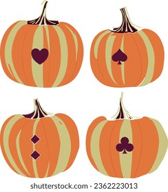 Vintage style vector illustration of pumpkins carved with playing cards symbols in a simple geometric style