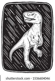 Vintage style vector illustration. Realistic dinosaur in sketch style. Tyrannosaurus rex, raptor on the background of shooting stars. Design for poster, print, postcard, sticker, banner, t-shirt etc. 