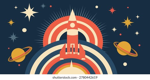 Vintage style vector illustration of a rocket ship launching into space, surrounded by colorful abstract arches, planets, and stars on a dark background.