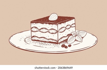 Vintage style vector illustration of Tiramisu on plate. Monochrome drawing with fill isolated on old paper background.