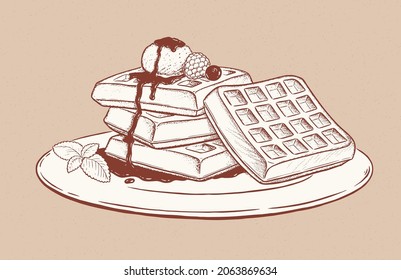 Vintage Style Vector Illustration Of Waffles With Ice Cream On Plate. Monochrome Drawing With Fill Isolated On Old Paper Background.