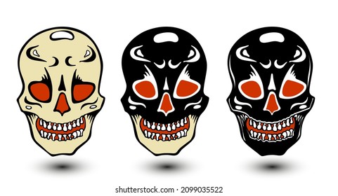 Vintage style vector illustration of white and black masks of the dead. Halloween skull masks set of 3.