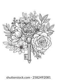 Vintage style vector key, floral arrangement, rose, peony, leaves, black and white illustration, isolated, print, sketch