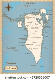 Mapa vetor estilo vintage de Bahrein mostrando regiões, cidades e geografia costeira. Ideal para educação, design de viagens, cartazes, infográficos e projetos históricos do Oriente Médio.