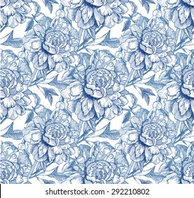 Vintage style vector peony blue seamless pattern