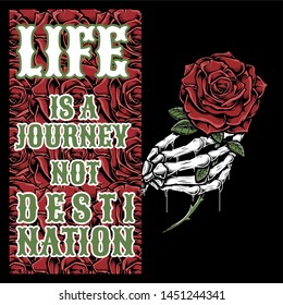 Vektorillustration im Vintage-Stil Zitat Über das Leben, das Leben ist eine Reise Skulptur Handling Rose, handgezeichnet Vektorillustration