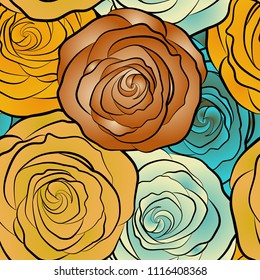 A vintage style vector seamless background pattern with hand drawn watercolor beige, yellow and orange rose flowers in bloom.