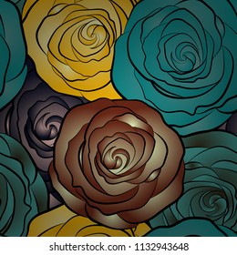 A vintage style vector seamless background pattern with hand drawn watercolor brown, blue and yellow rose flowers in bloom.