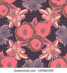 A vintage style vector seamless background pattern with hand drawn watercolor pink, purple and beige rose flowers in bloom.