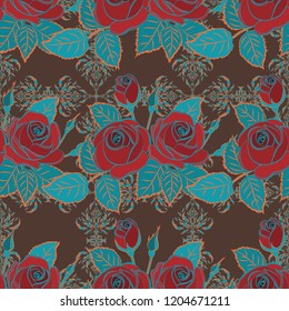 A vintage style vector seamless background pattern with hand drawn watercolor blue, red and brown rose flowers in bloom.