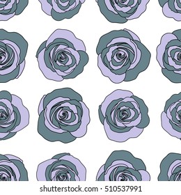 A vintage style vector seamless background pattern with hand drawn watercolor blue and violet rose flowers in bloom.