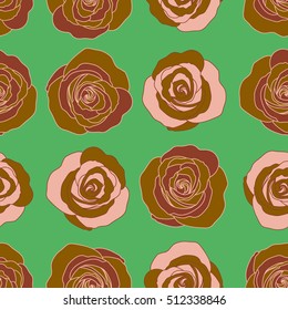 A vintage style vector seamless background pattern with hand drawn watercolor green and pink rose flowers in bloom.