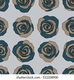 A vintage style vector seamless background pattern with hand drawn watercolor beige, blue and gray rose flowers in bloom.