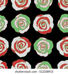 A vintage style vector seamless background pattern with hand drawn watercolor green and red rose flowers in bloom.