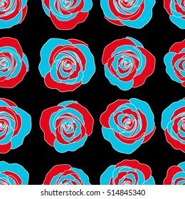 A vintage style vector seamless background pattern with hand drawn watercolor blue and red rose flowers in bloom.