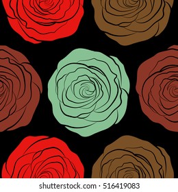 A vintage style vector seamless background pattern with hand drawn watercolor neutral, brown and red rose flowers in bloom.