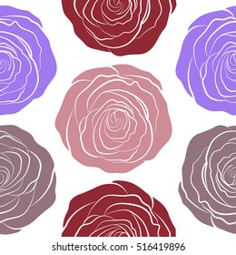 A vintage style vector seamless background pattern with hand drawn watercolor red, pink and violet rose flowers in bloom.
