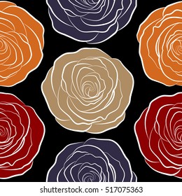 A vintage style vector seamless background pattern with hand drawn watercolor violet, red and orange rose flowers in bloom.