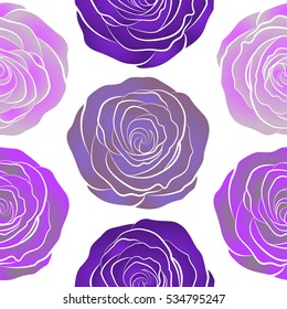 A vintage style vector seamless background pattern with hand drawn watercolor purple, violet and neutral rose flowers in bloom.