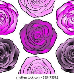 A vintage style vector seamless background pattern with hand drawn watercolor magenta, neutral and white rose flowers in bloom.