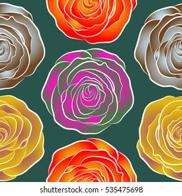 A vintage style vector seamless background pattern with hand drawn watercolor green, yellow and red rose flowers in bloom.