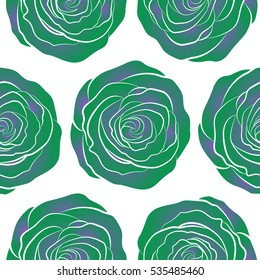 A vintage style vector seamless background pattern with hand drawn watercolor violet and green rose flowers in bloom.