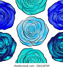 A vintage style vector seamless background pattern with hand drawn watercolor blue and neutral rose flowers in bloom.