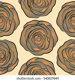 A vintage style vector seamless background pattern with hand drawn watercolor beige and orange rose flowers in bloom.