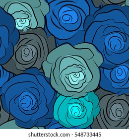 A vintage style vector seamless background pattern with hand drawn watercolor blue rose flowers in bloom.