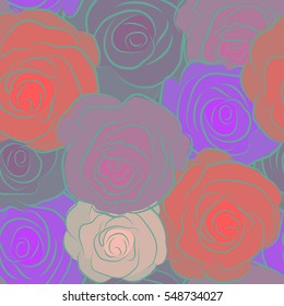 A vintage style vector seamless background pattern with hand drawn watercolor pink, purple and violet rose flowers in bloom.