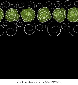 A vintage style vector seamless background pattern with horizontal hand drawn watercolor green and neutral rose flowers in bloom and copy space (place for your text).