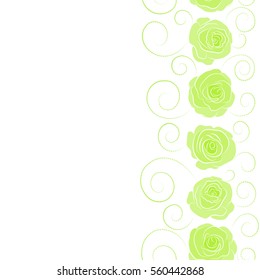 A vintage style vector seamless background pattern with vertical hand drawn watercolor green rose flowers in bloom and copy space (place for your text).