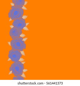 A vintage style vector seamless background pattern with vertical hand drawn watercolor orange, gray and blue rose flowers in bloom and copy space (place for your text).