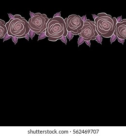 A vintage style vector seamless background pattern with horizontal hand drawn watercolor pink and violet rose flowers in bloom and copy space (place for your text).