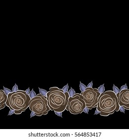 A vintage style vector seamless background pattern with horizontal hand drawn watercolor brown and neutral rose flowers in bloom and copy space (place for your text).