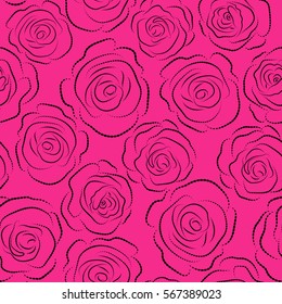A vintage style vector seamless background pattern with hand drawn dashed rose flowers in bloom on a pink background.