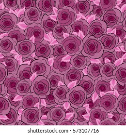 A vintage style vector seamless background pattern with hand drawn watercolor purple rose flowers in bloom.