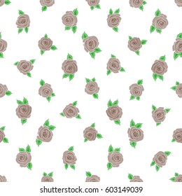 A vintage style vector seamless background pattern with hand drawn watercolor brown rose flowers in bloom.