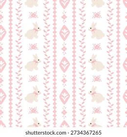 Vintage style vector seamless pattern, floral pattern with cute bunnies.