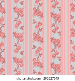 Vintage style vector seamless pattern with pretty roses and stripes