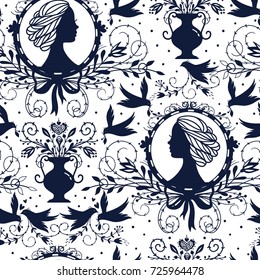 Vintage style vector seamless pattern with silhouette female portraits and floral elements