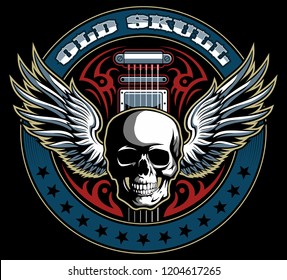 Vintage Style Vector Skull With The Wings And Electric Guitar On Background, Vintage Vector Logo.