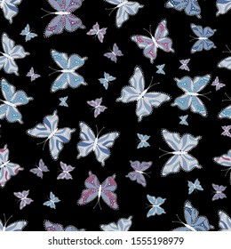 In vintage style. Watercolor colors butterflies isolated on black, blue and gray background. Pretty vector butterfly with spring palette for child. Vector illustration.