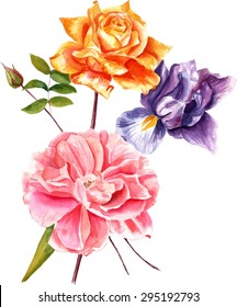 A vintage style watercolor drawing of a bouquet of roses and an iris, scalable vector graphic