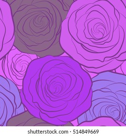 A vintage style watercolor drawing of a branch of violet roses. Vector open flowers and buds seamless pattern in violet colors.