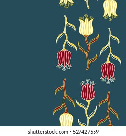 A vintage style watercolor drawing of a branch of yellow, blue and red tulips. Vector open flowers and buds vertical seamless pattern.
