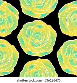 A vintage style watercolor drawing of a branch of yellow and blue roses. Vector open flowers and buds seamless pattern on a black background.