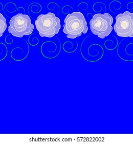 A vintage style watercolor drawing of a branch of horizontal blue, beige and green roses with place for your text. Vector open flowers and buds seamless pattern in blue, beige and green colors.